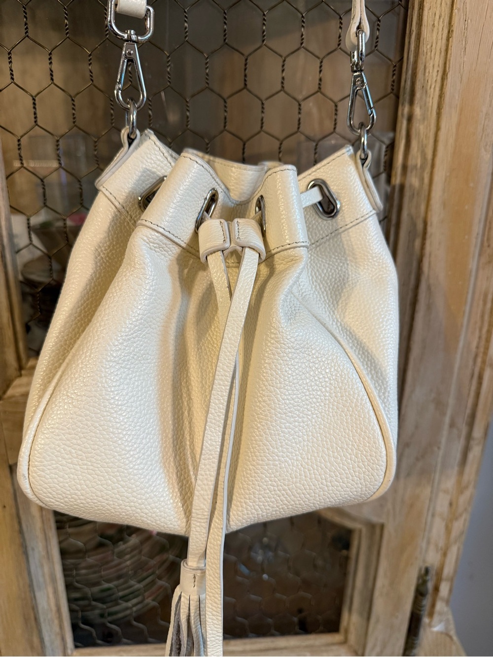 Vincenzo Leather Ivory Drawstring Bucket Bag - Women